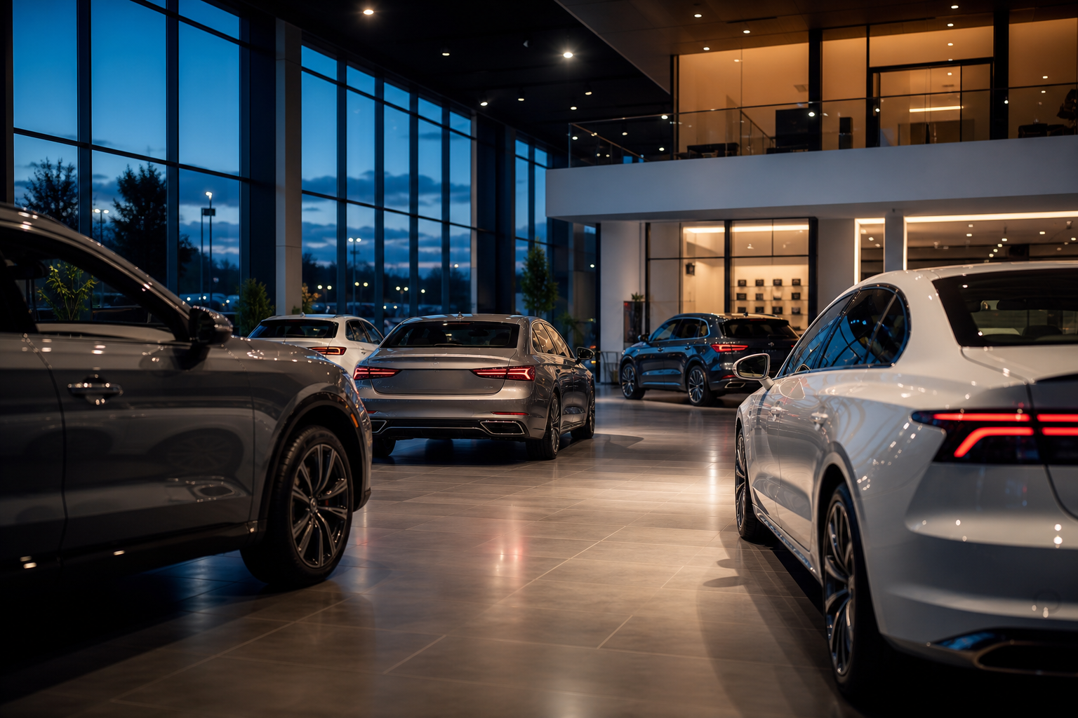 Modern car dealership showroom lined with new vehicles